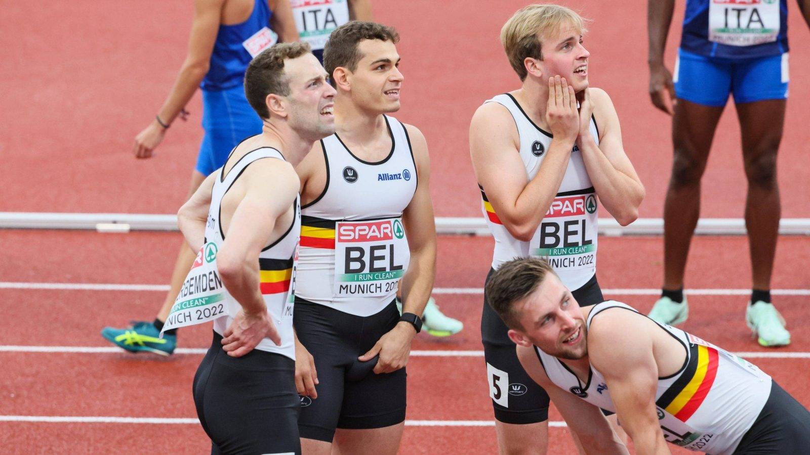 belgian falcons pictured after the men 4x100m relay heat on the ninth day of the Athletics European Championships, at Munich 2022, Germany, on Friday 19 August 2022. The second edition of the European Championships takes place from 11 to 22 August and features nine sports. BELGA PHOTO BENOIT DOPPAGNE